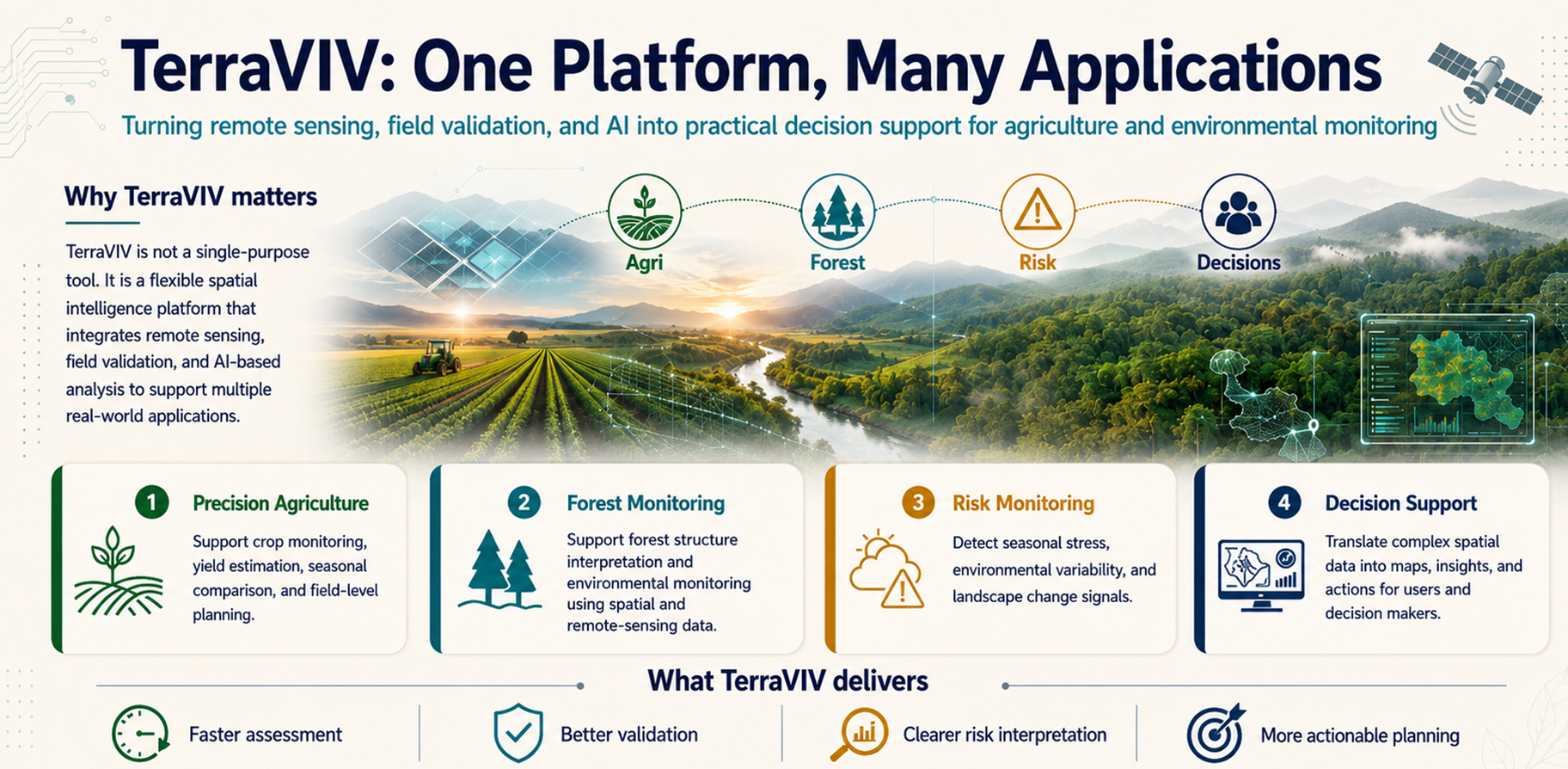 TerraVIV platform applications across agriculture, forest monitoring, risk monitoring, and decision support