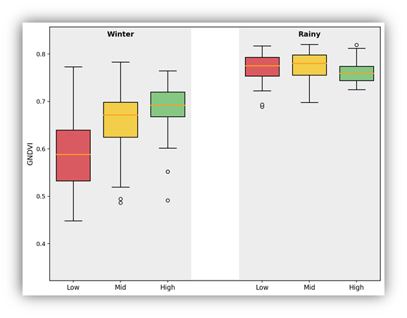 Boxplot comparing GNDVI by yield class across Winter and Rainy seasons