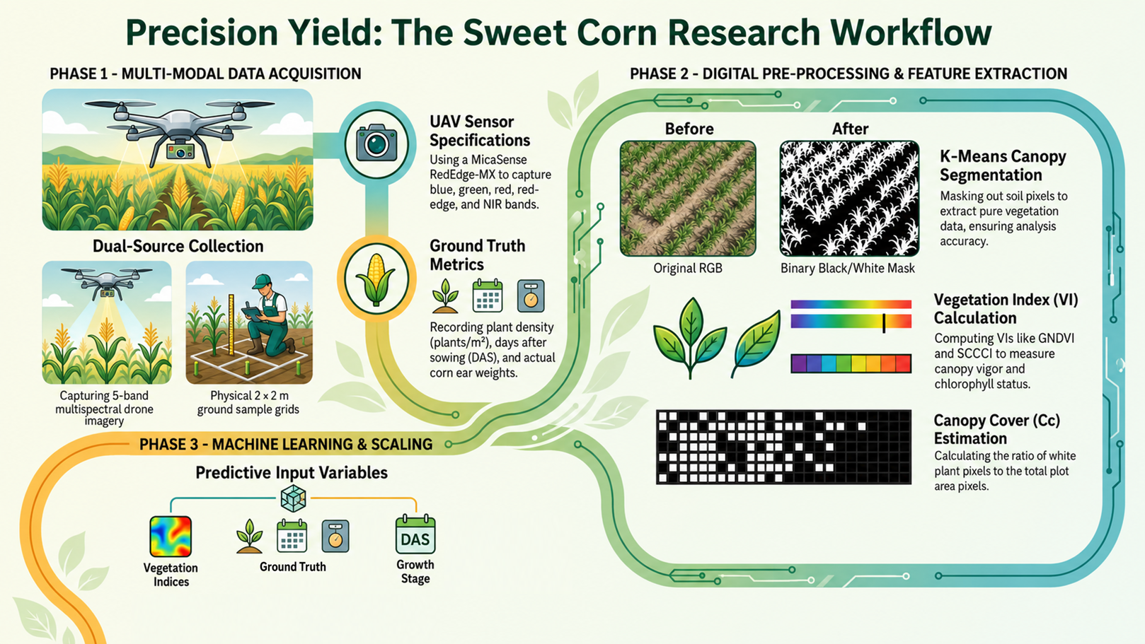 Sweet corn research workflow showing UAV acquisition, preprocessing, feature extraction, and machine learning scaling